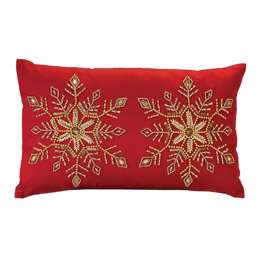Red &#x26; Gold Beaded Snowflake Holiday Pillow